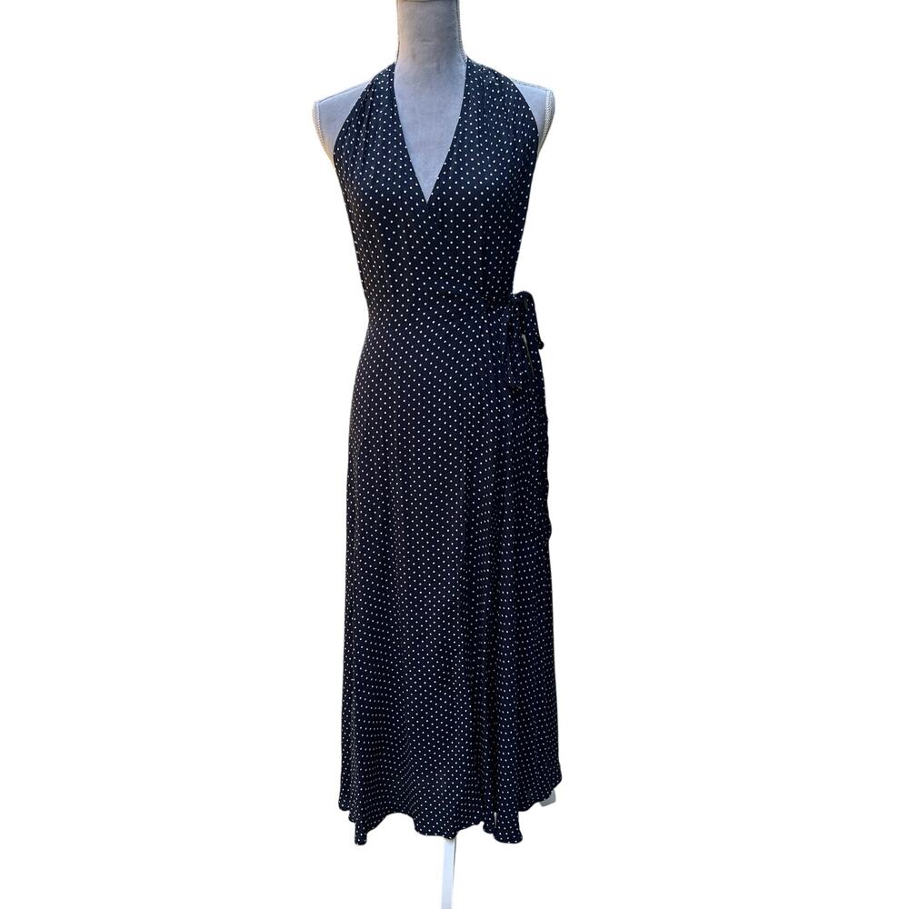 LAUNDRY by SHELLI SEGAL Navy Polka Dot Halter Wrap‎ Maxi Dress Sz 6